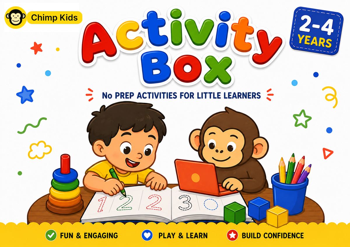 Chimp Kids Activity Box cover showing tracing numbers, stacking rings and colour blocks